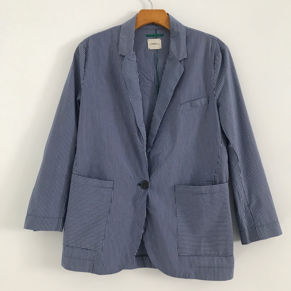 MERCI WOMENS BLAZER JACKET BLUE STRIPE TWO BUTTON POPLIN 44